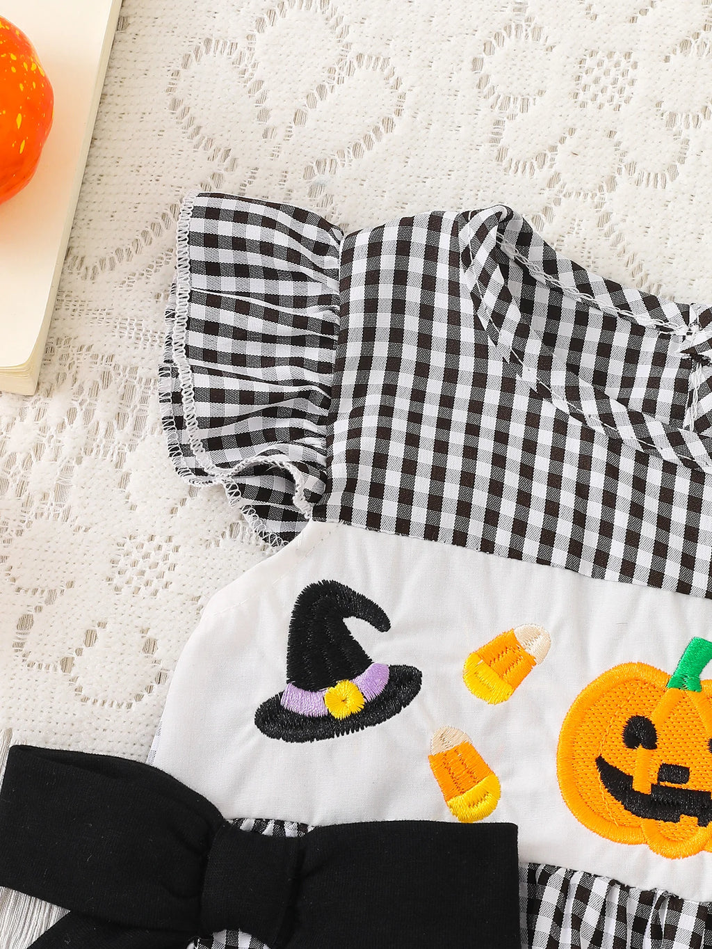 CHASON Pumpkin Embroidered Plaid Romper (0–18M)