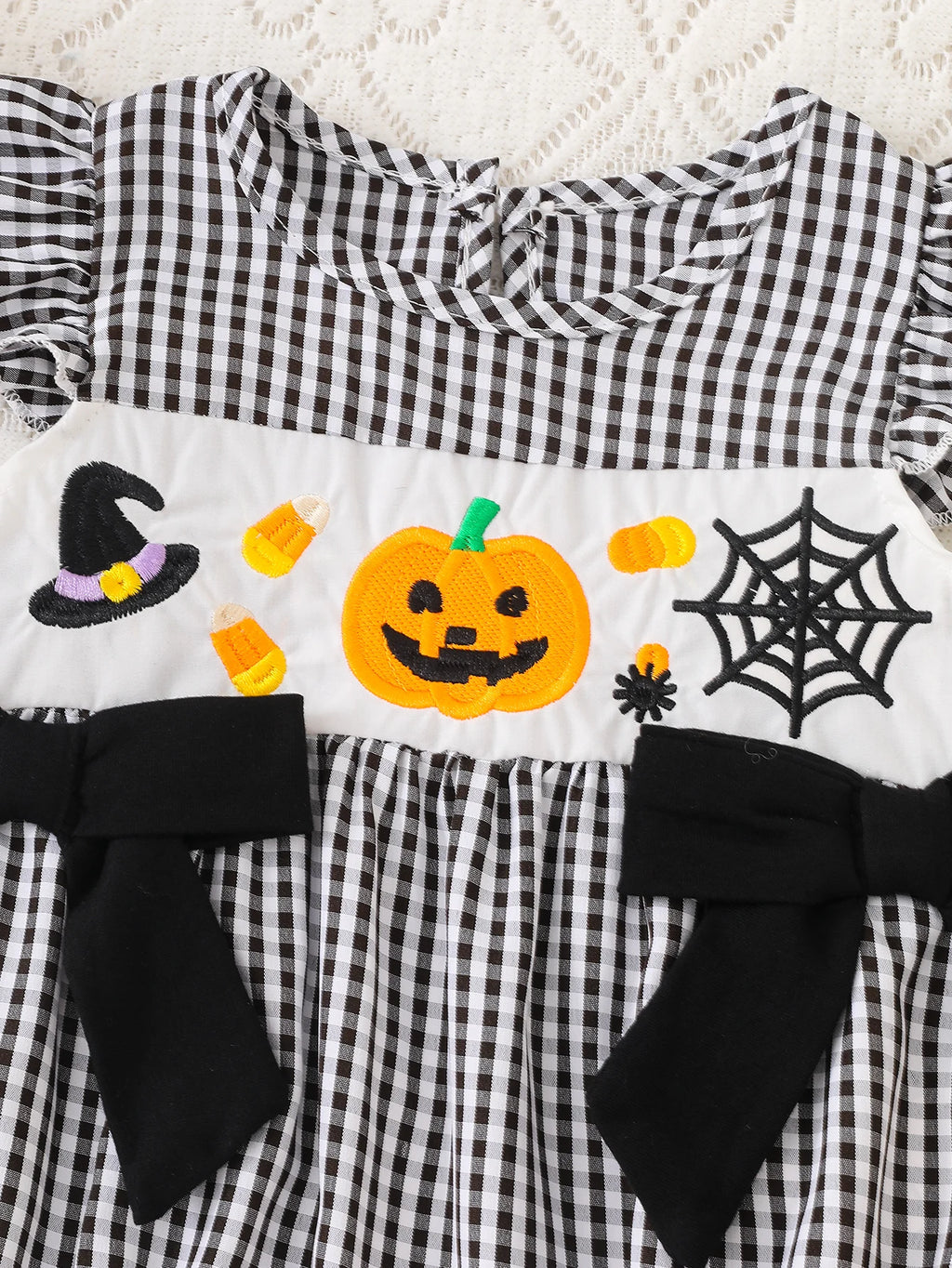 CHASON Pumpkin Embroidered Plaid Romper (0–18M)