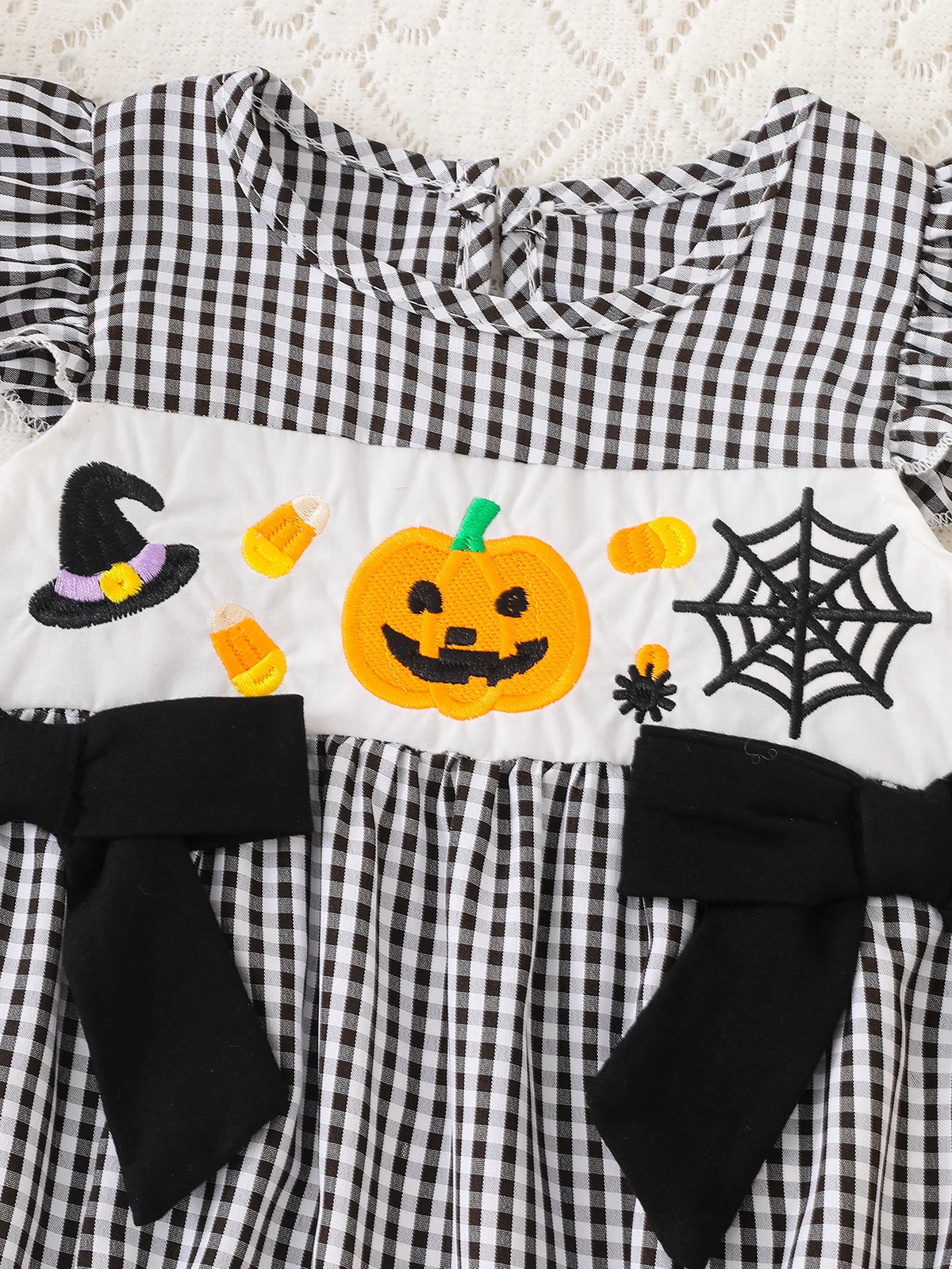 CHASON Pumpkin Embroidered Plaid Romper (0–18M)