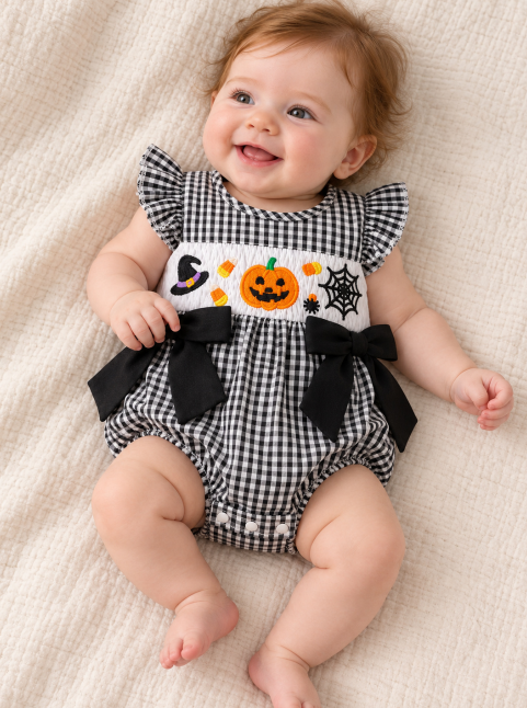 CHASON Pumpkin Embroidered Plaid Romper (0–18M)