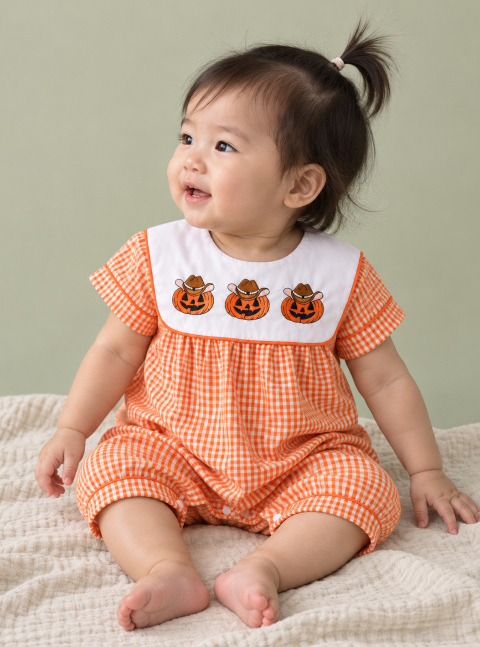 CHASON Short-Sleeve Orange Gingham Pumpkin Romper (0–18M)