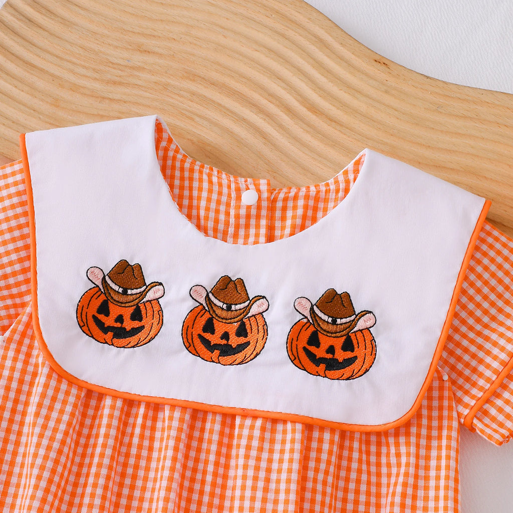 CHASON Short-Sleeve Orange Gingham Pumpkin Romper (0–18M)
