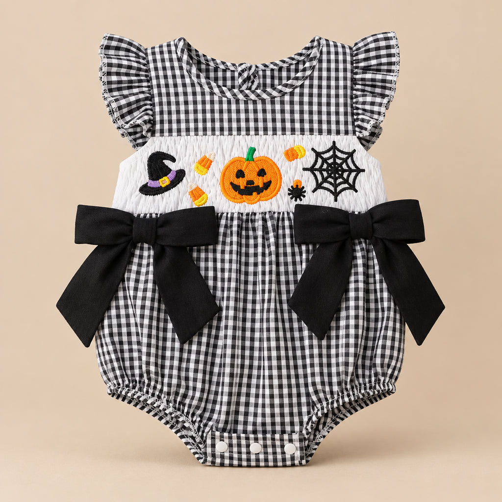 CHASON Pumpkin Embroidered Plaid Romper (0–18M)